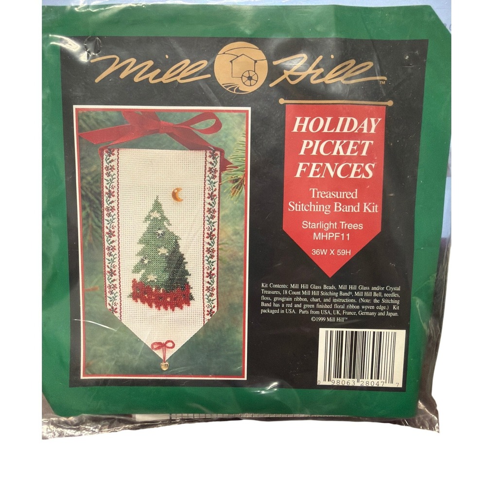 New 1999 Mill Hill Holiday Picket Fences Starlight Trees Cross Stitch Kit MHPF11